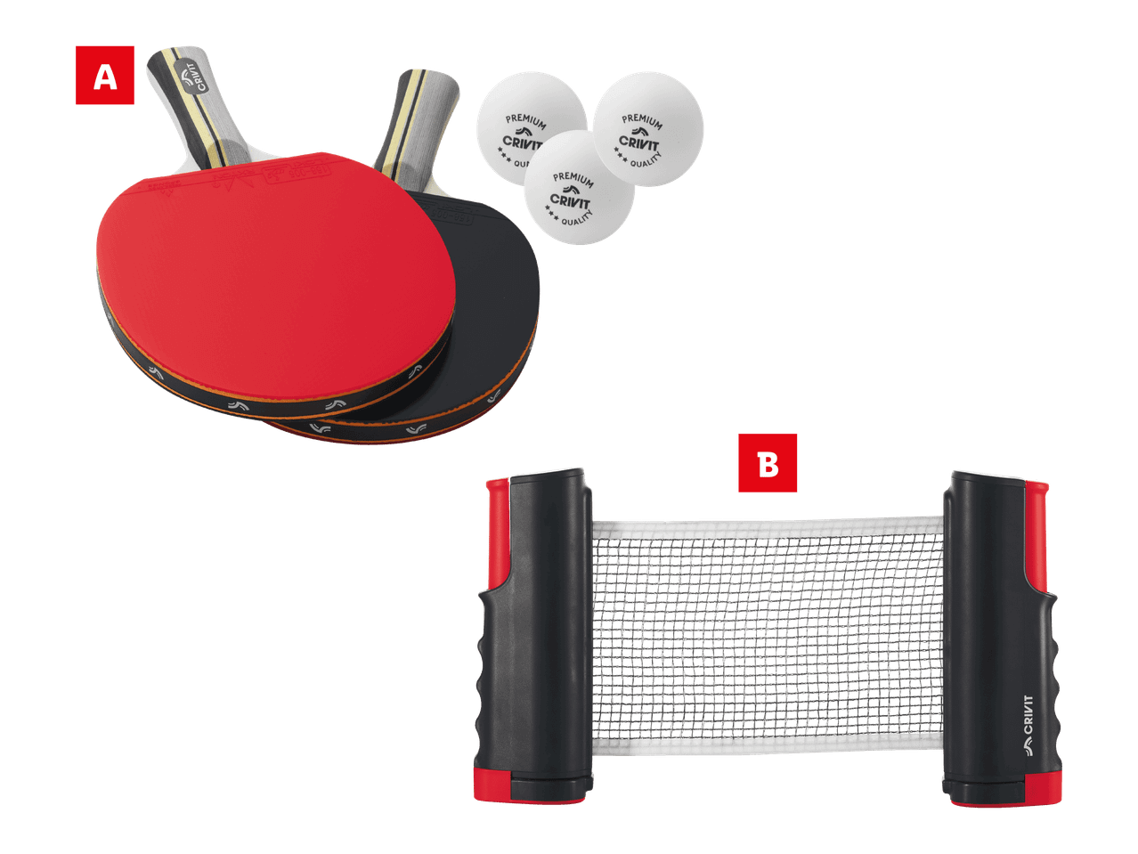 Crivit-pöytätennissarja, jossa on kaksi mailaa, kolme palloa ja säädettävä verkko.