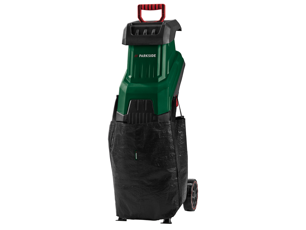 Електрически градински шредер със зелен корпус и черна торба за събиране на отпадъци.