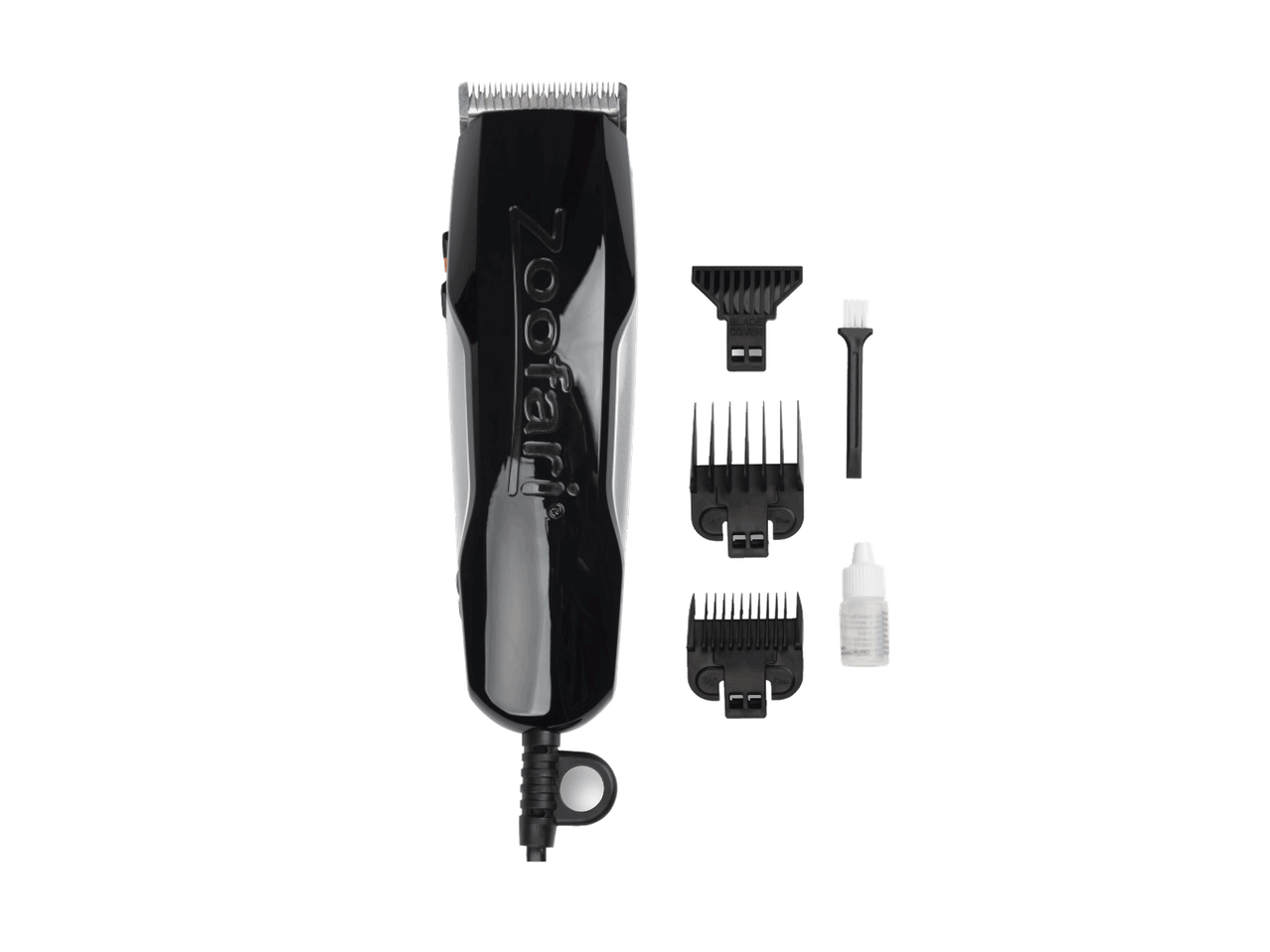 Juodas plaukų kirpimo aparatas su priedais: šukomis, valymo šepetėliu ir aliejumi.