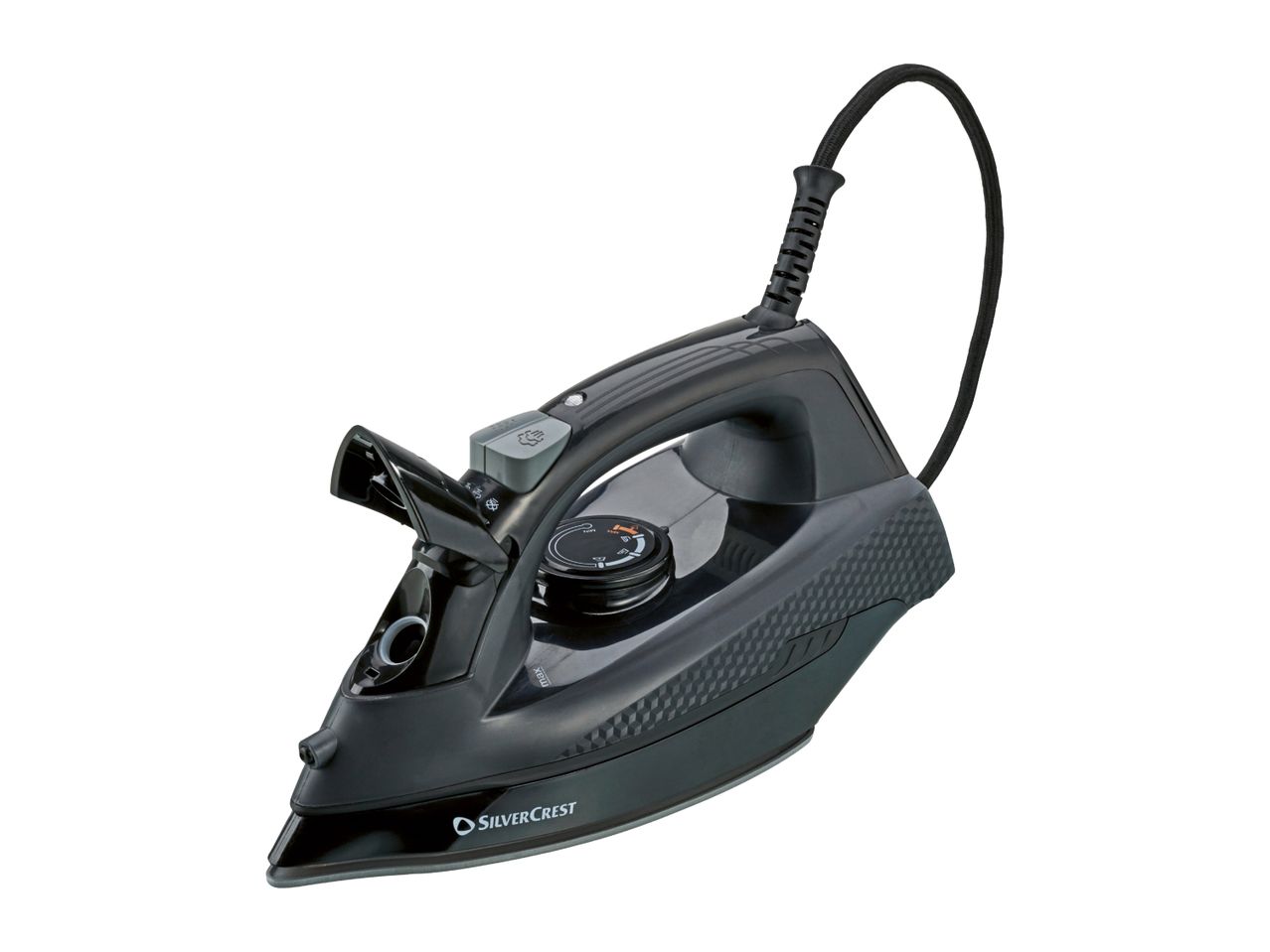 Black steam iron with a textured handle and a temperature dial, angled on a white background.