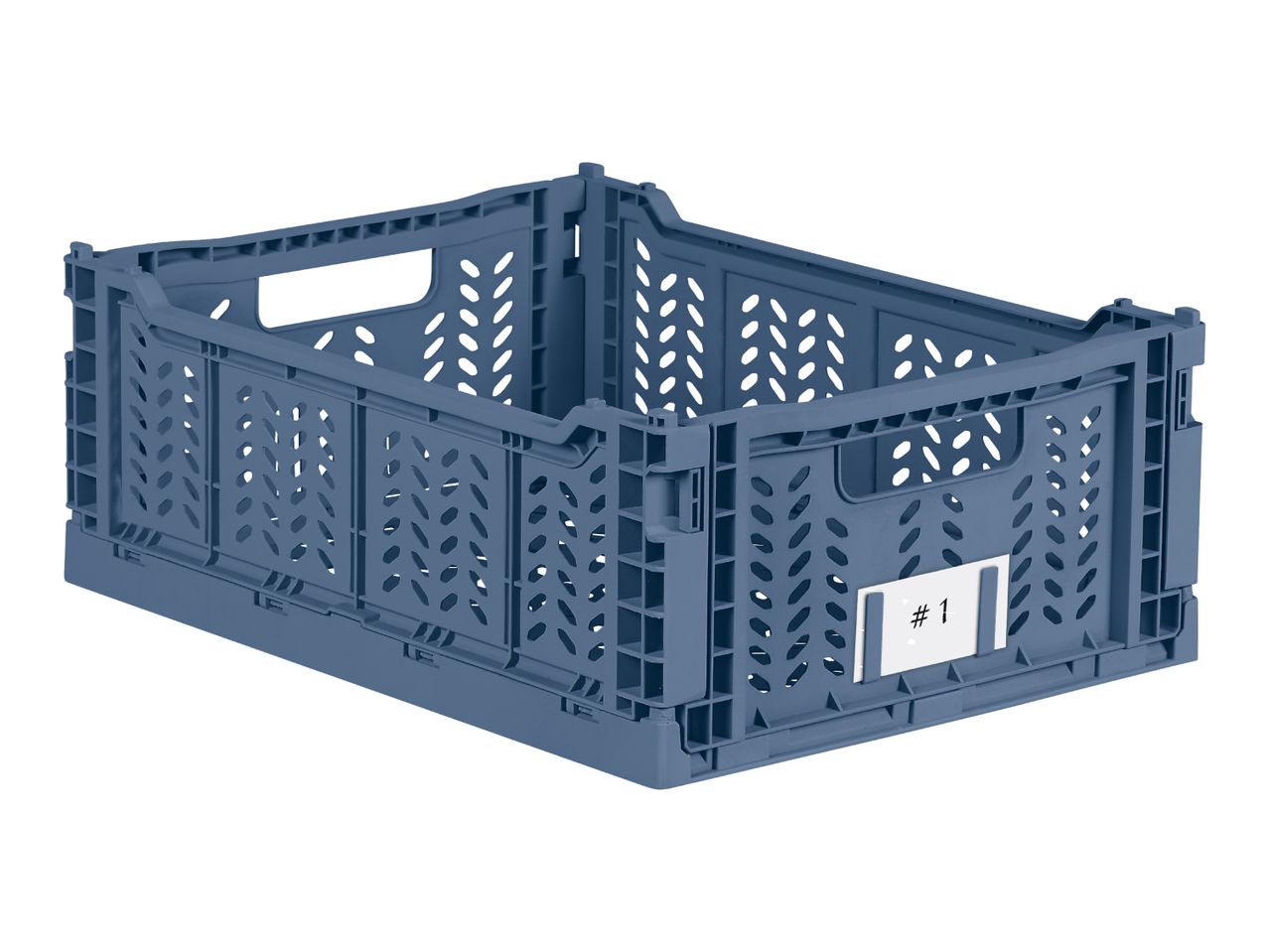 A blue foldable storage crate with a label reading '#1' on the side.