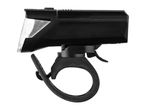 A black bicycle headlight with a handlebar mount is shown.