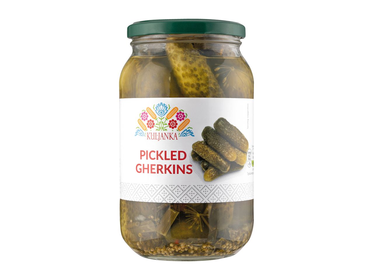 A glass jar of pickled gherkins with a green lid and a colorful folk-art inspired label.