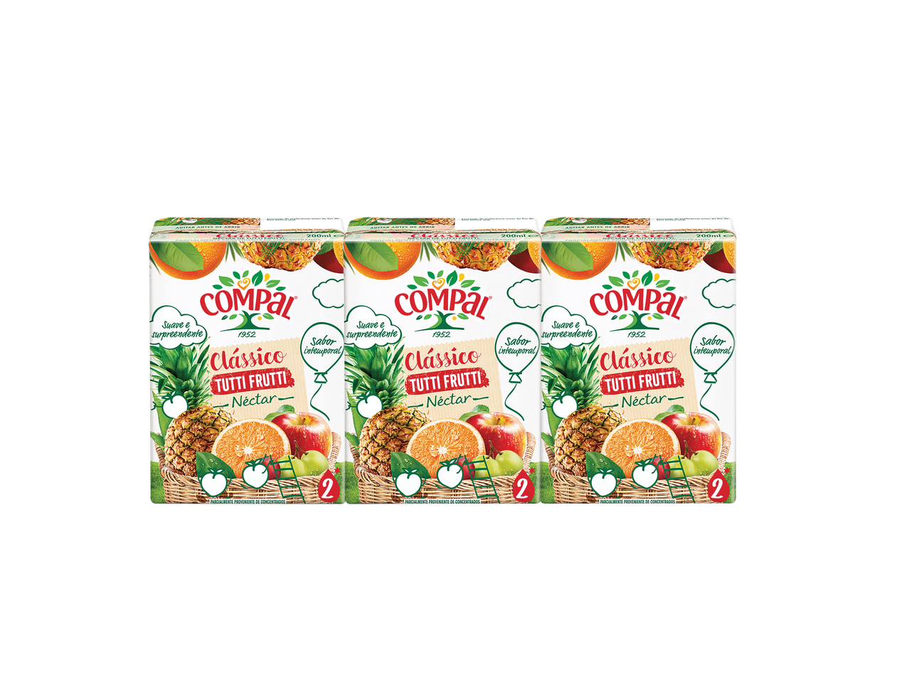 Três caixas de suco Compal Clássico Tutti Frutti Néctar são mostradas.