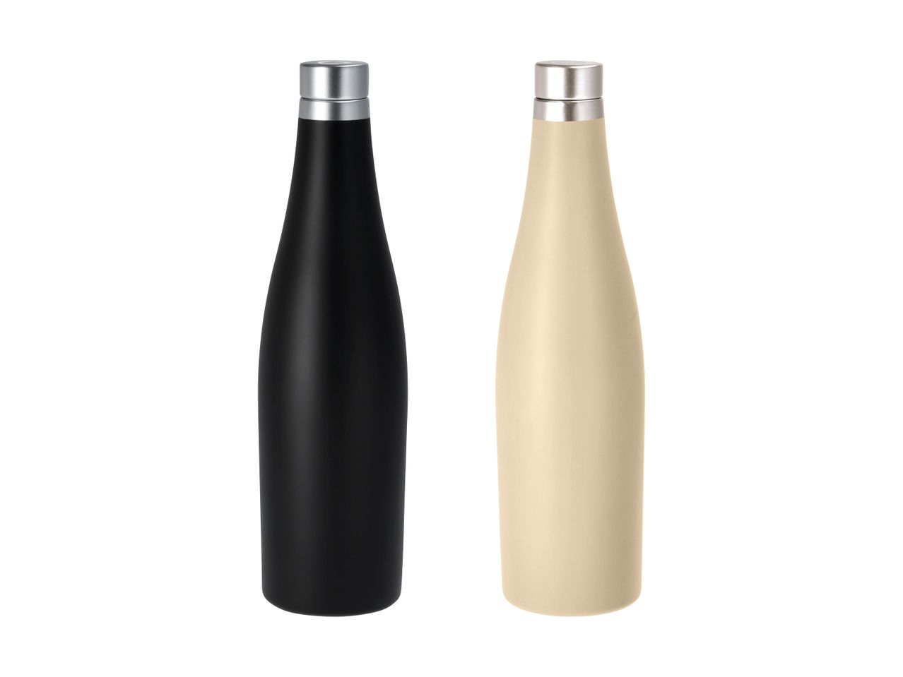 To isolerede vandflasker, en sort og en beige, med sølvfarvede låg