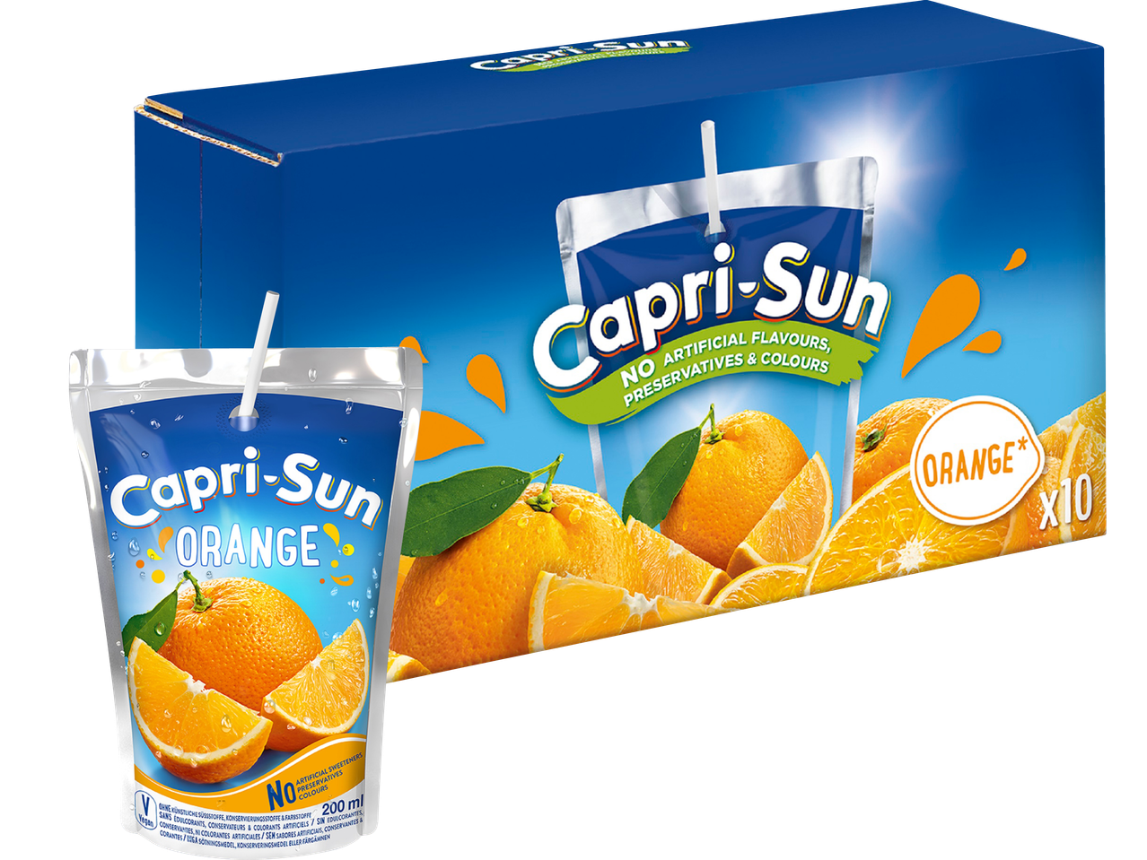 En förpackning med 10 apelsinjuicepåsar och en enskild påse med apelsinjuice.