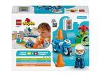 Back of a toy box showing a child playing with a police motorcycle and traffic light, highlighting logical thinking and self-expression.
