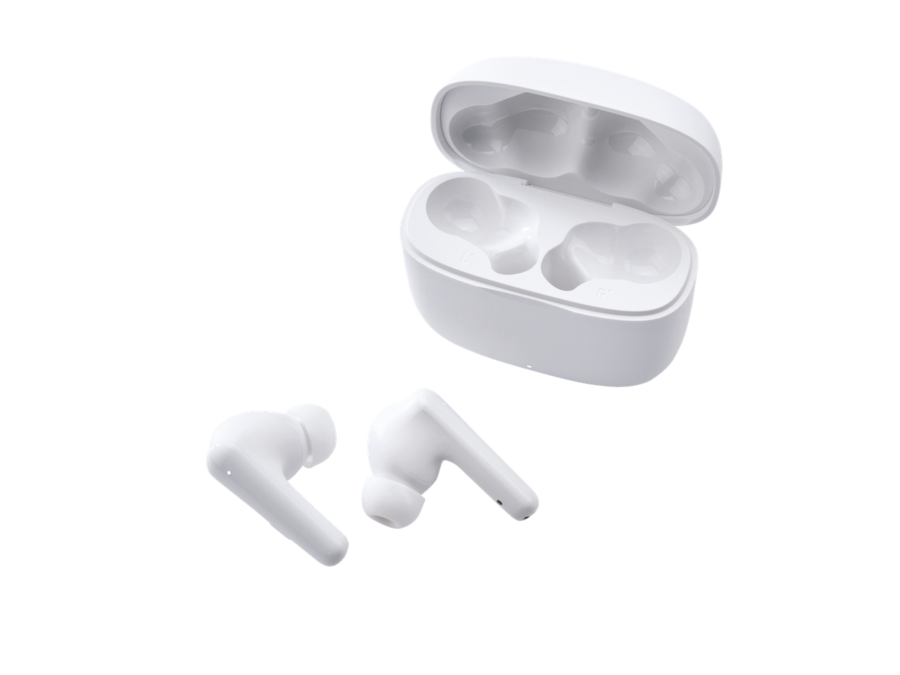 White wireless earbuds and their open charging case on a black background.