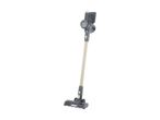A cordless stick vacuum cleaner stands upright on a white background.