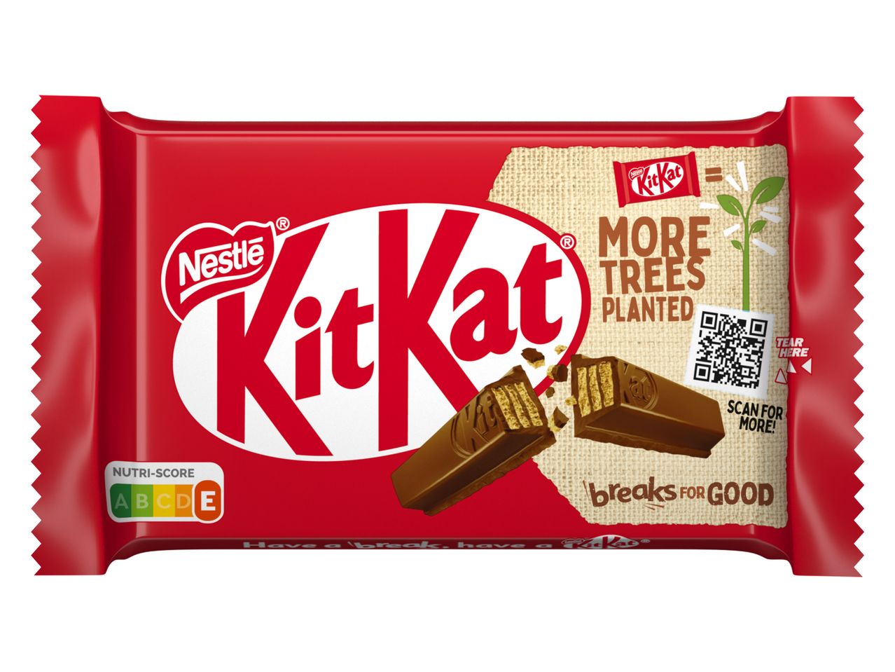Κόκκινη συσκευασία σοκολάτας με σπασμένη σοκολάτα, κείμενο για φύτευση δέντρων και Nutri-Score.