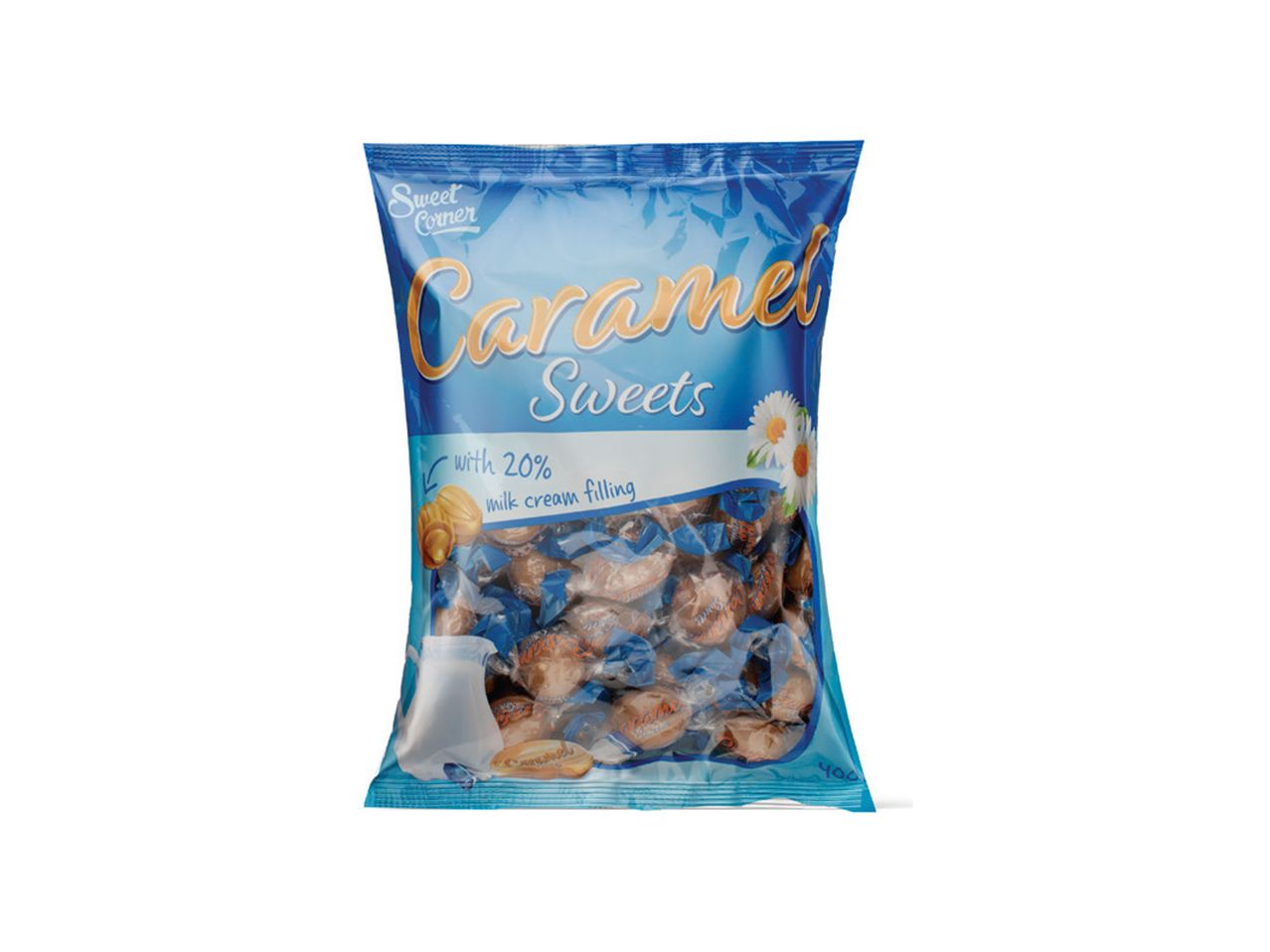 Plava kesa karamela sa natpisom 'Sweet Corner Caramel Sweets' i 20% mlečnog krema.