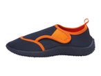 Navy and orange water shoe with a textured sole, side strap, and heel loop.