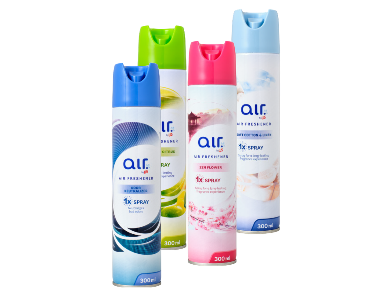 Četri Air by W5 gaisa atsvaidzinātāji dažādās krāsās un aromātos.