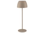 Lampada da terra moderna color tortora con paralume a campana e base rotonda.