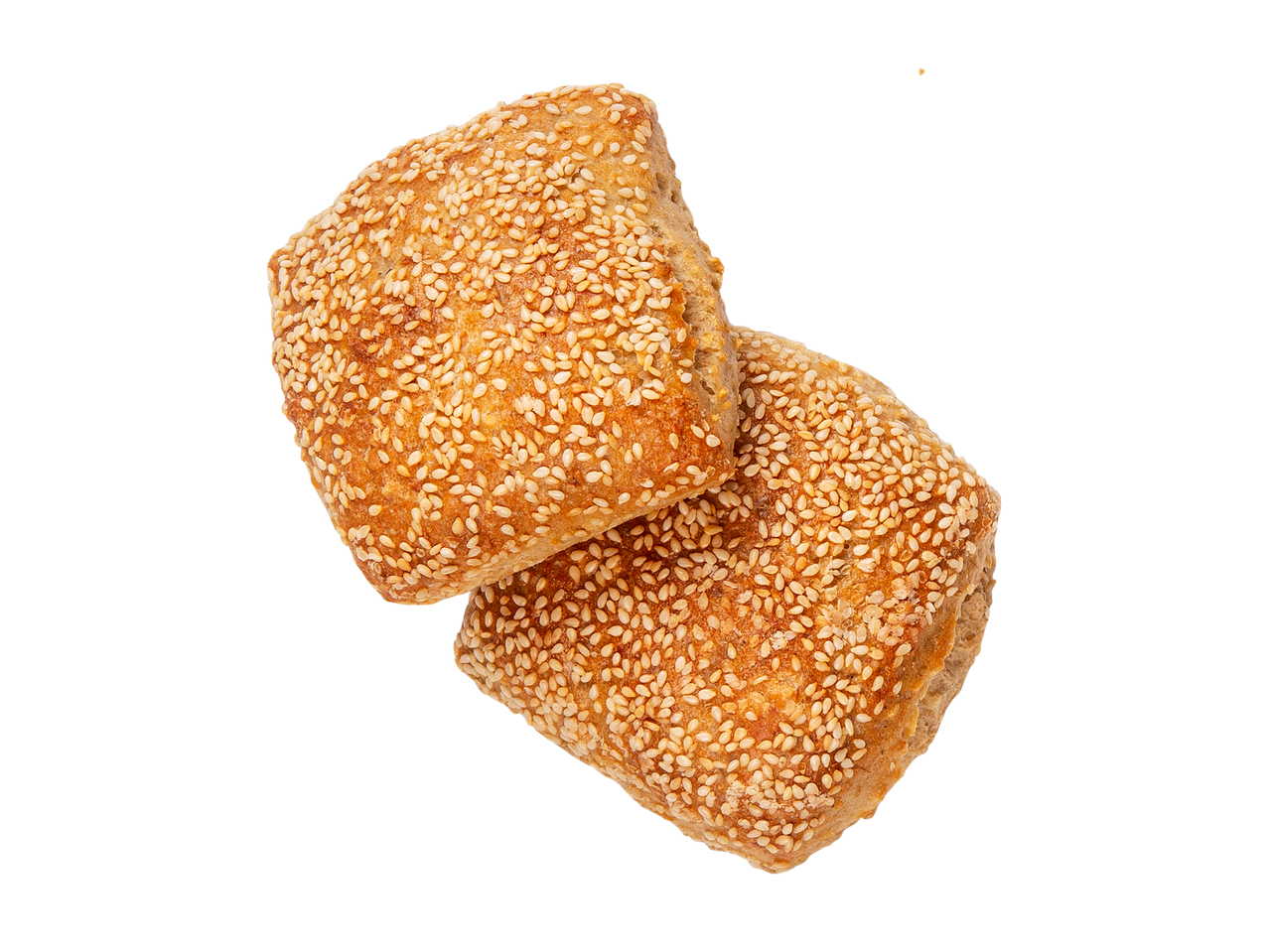 Kaksi seesaminsiemenillä päällystettyä leivonnaista mustalla taustalla.