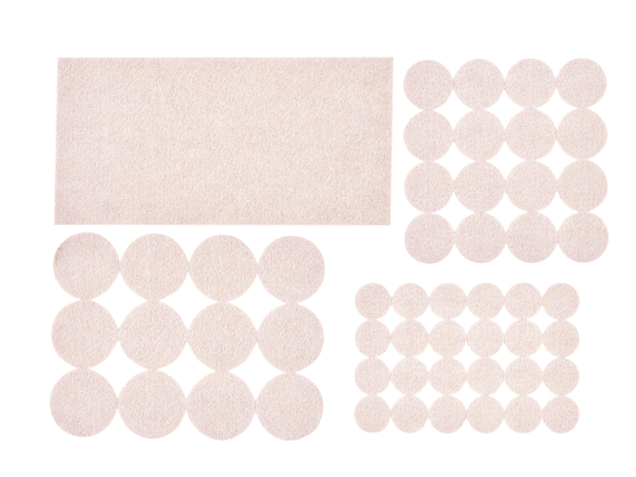 Feutre adhésif rectangulaire et ronds de différentes tailles pour protéger les surfaces.