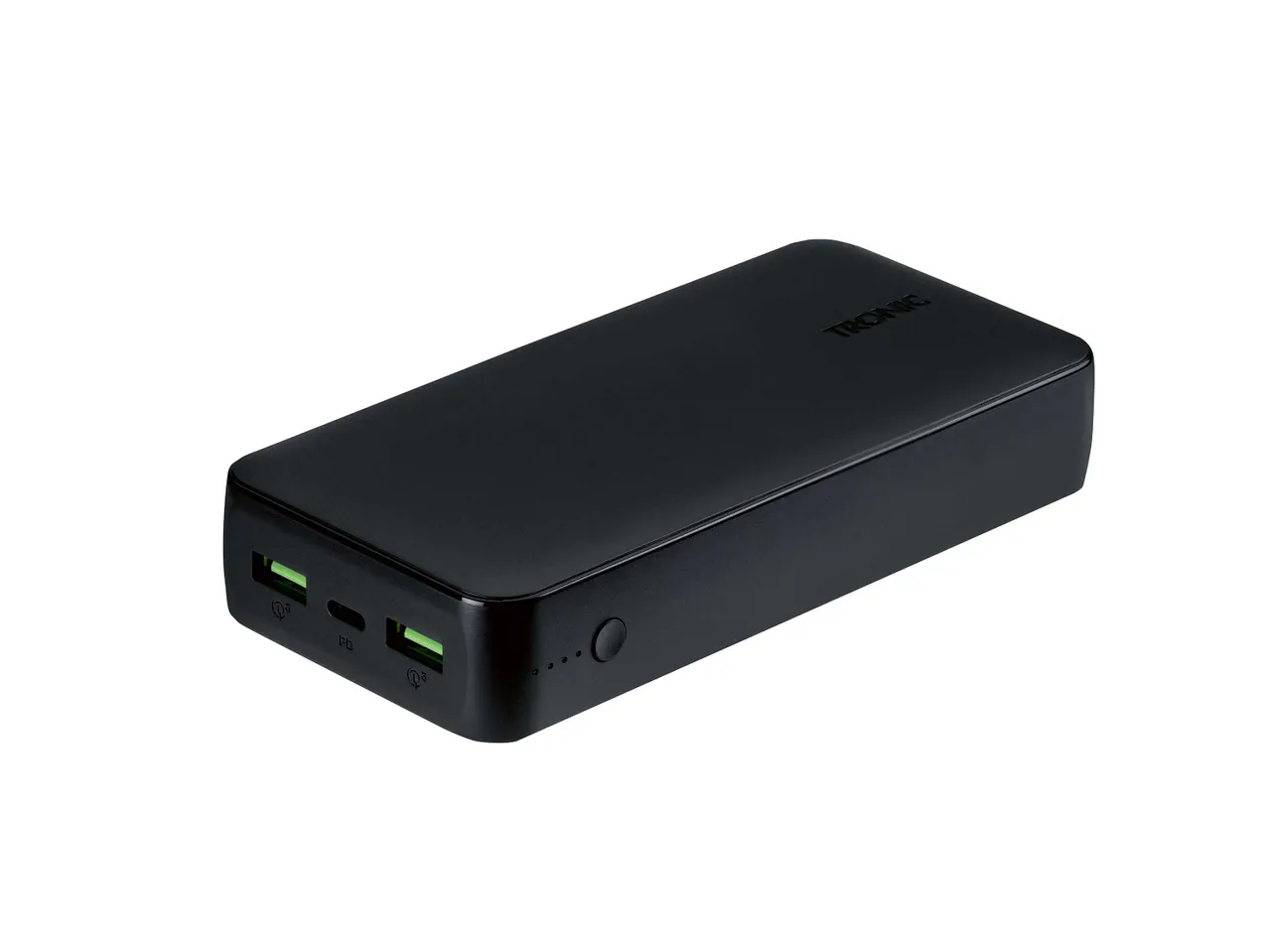 Fekete Tronic márkájú power bank két USB-porttal és egy USB-C porttal.