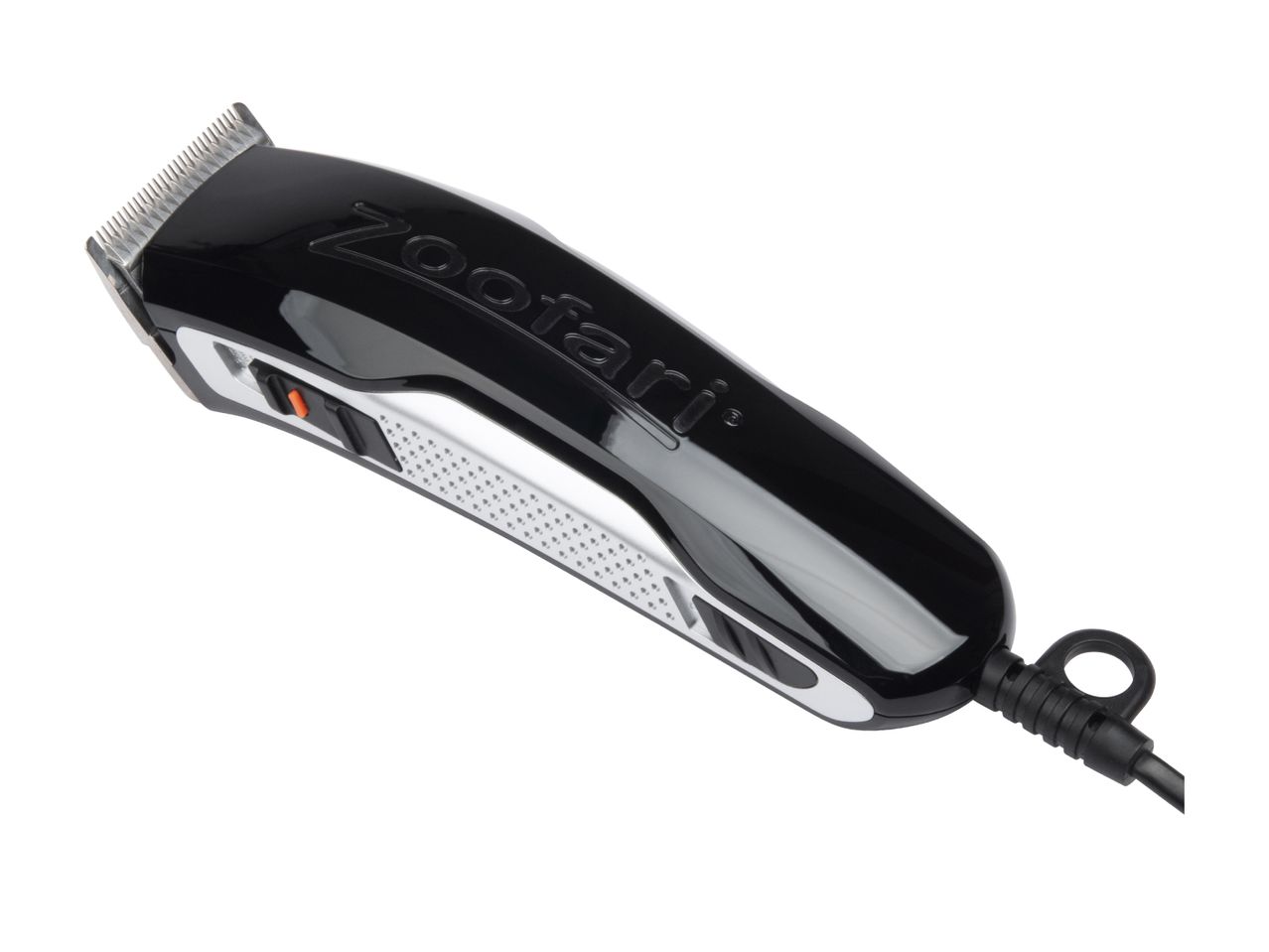 A black ZooFari pet clipper with silver accents and an orange button is shown against a white background.