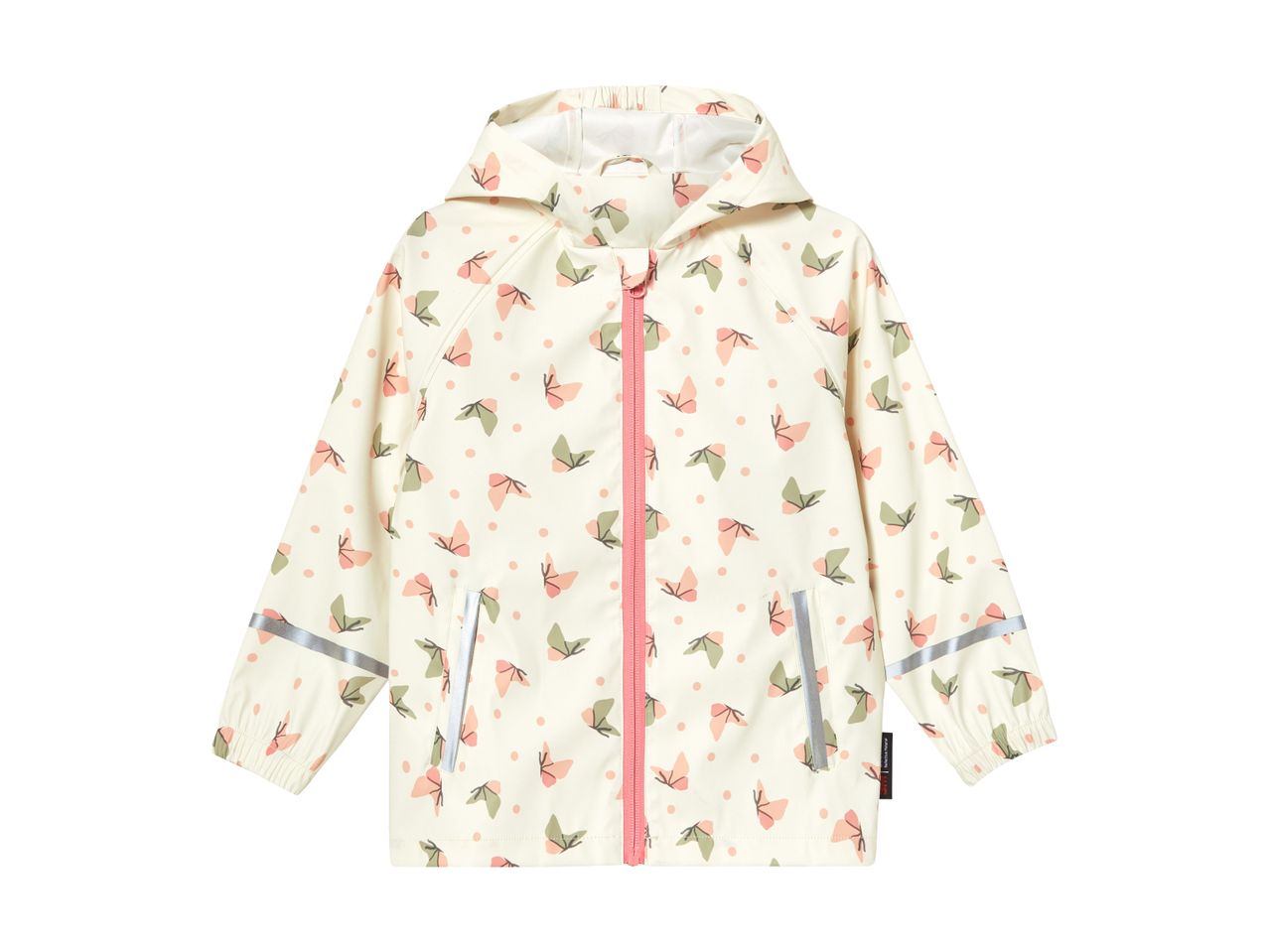 Cream-colored rain jacket with pink and green butterfly print