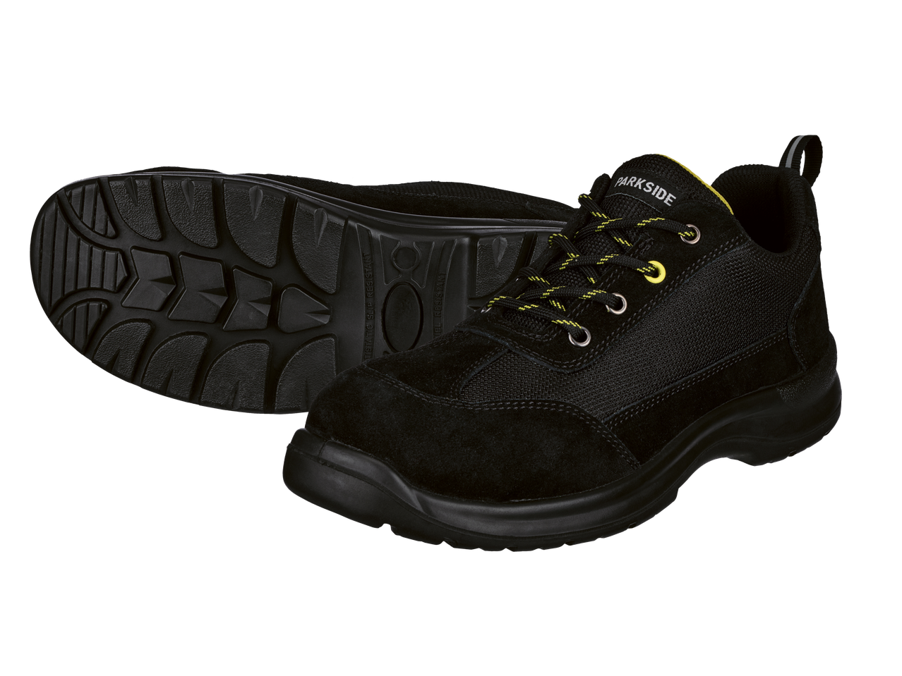 Pantofi de siguranță Parkside® S1 negri, cu șireturi galbene, cu talpă antiderapantă.