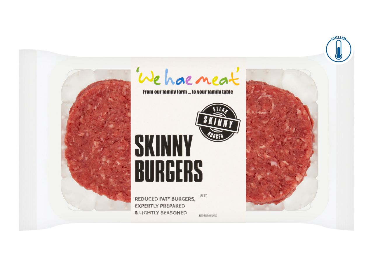 Pack of two chilled skinny beef burgers, reduced fat, expertly prepared and lightly seasoned.