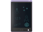 A purple LCD writing tablet displays drawings of a lightbulb, rocket, stars, numbers, and letters.