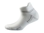 White ankle sock with grey stripes and textured knit patterns