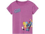 Maglietta viola per bambini con stampa di Stitch e la scritta 'Stitch'.
