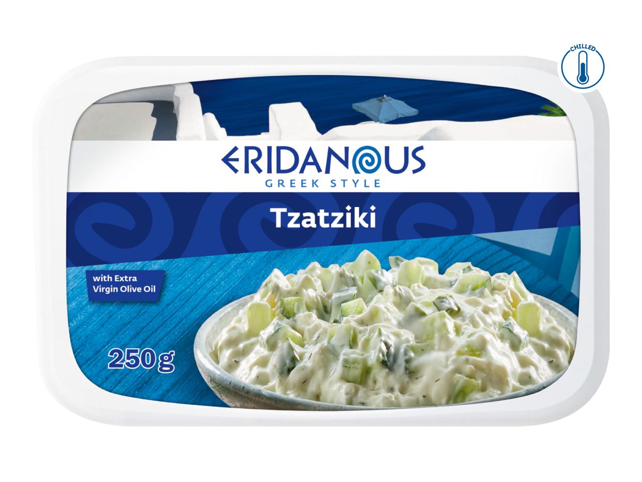 Eridanous Greek Style Tzatziki with Extra Virgin Olive Oil, 250g, chilled.