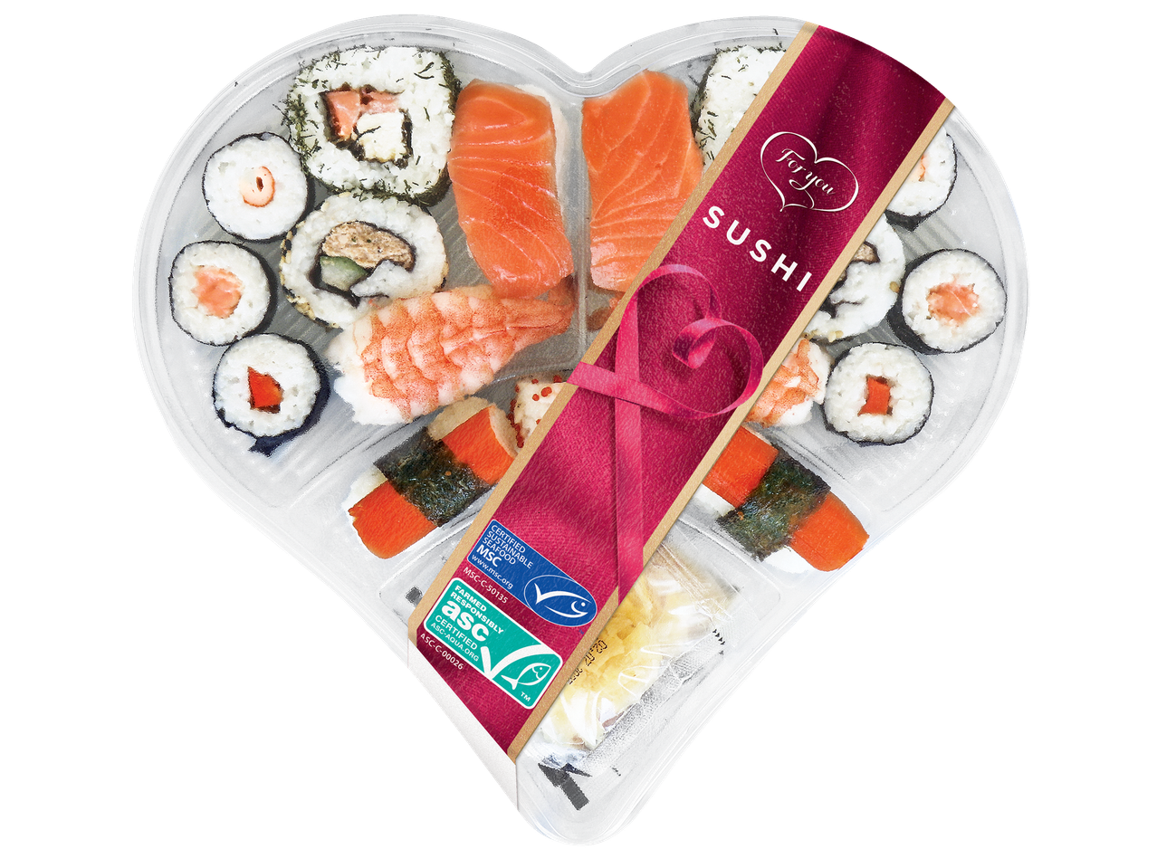 Hartvormig sushibord met zalm, garnalen en maki, met 'For you' en 'SUSHI' op het etiket.