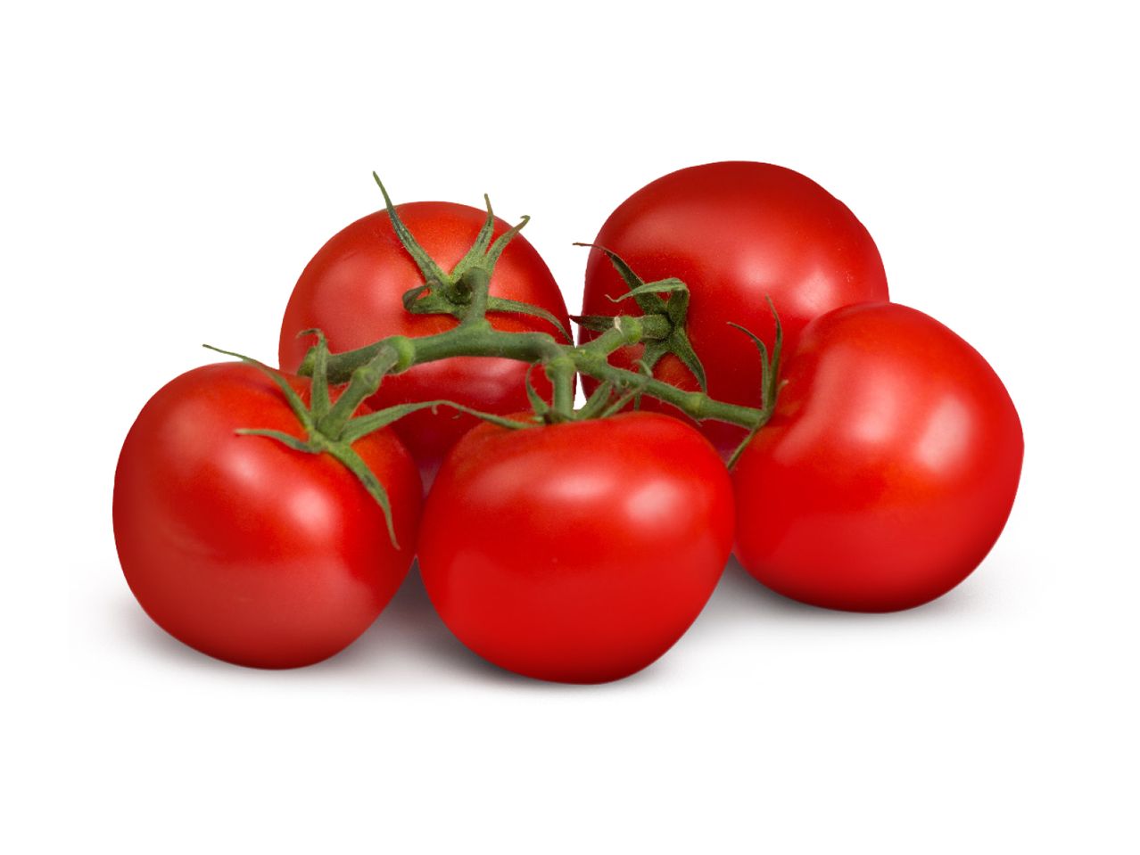 Five ripe red tomatoes on the vine.