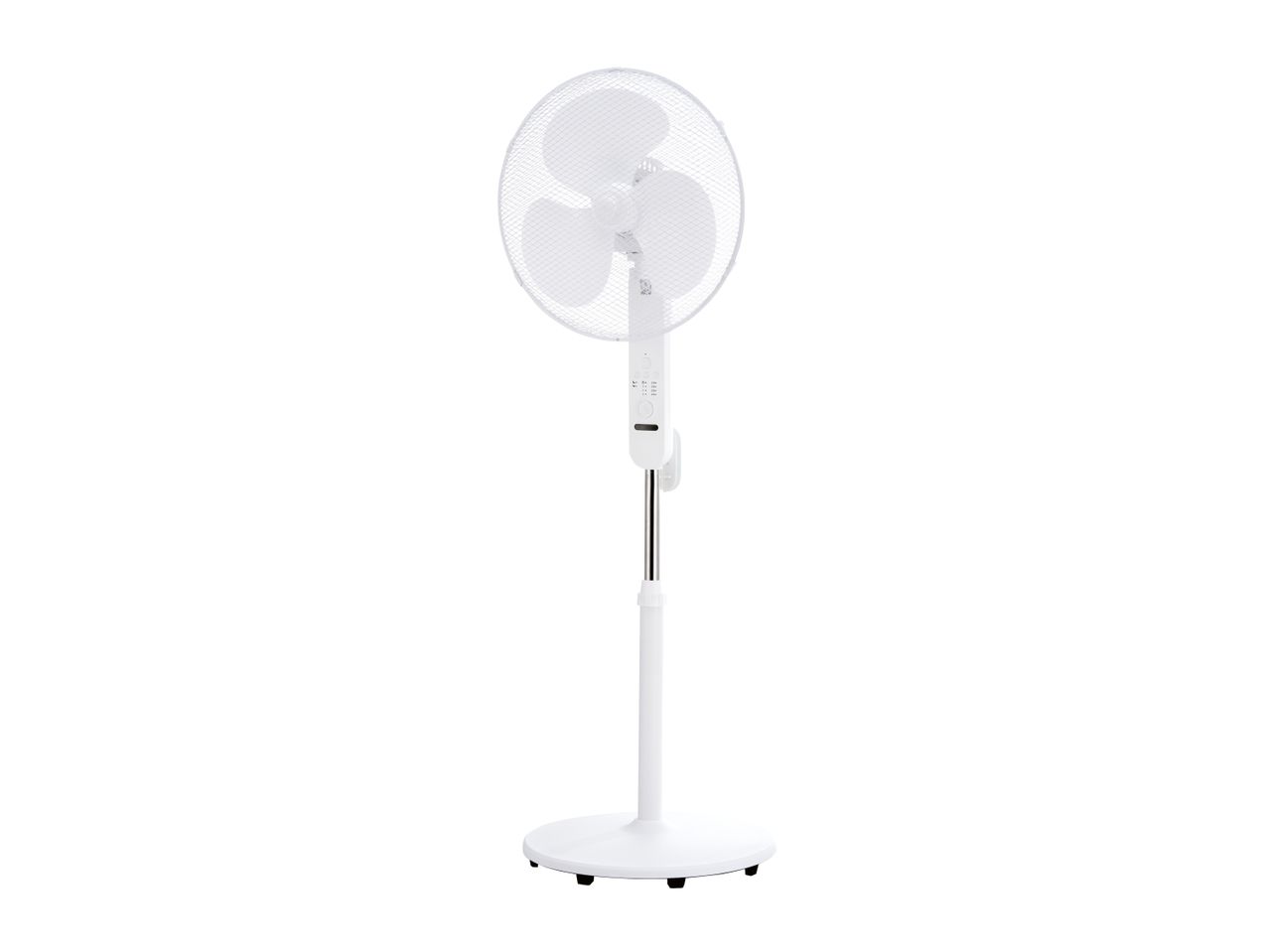 White pedestal fan with a round base and adjustable height, isolated on a white background.