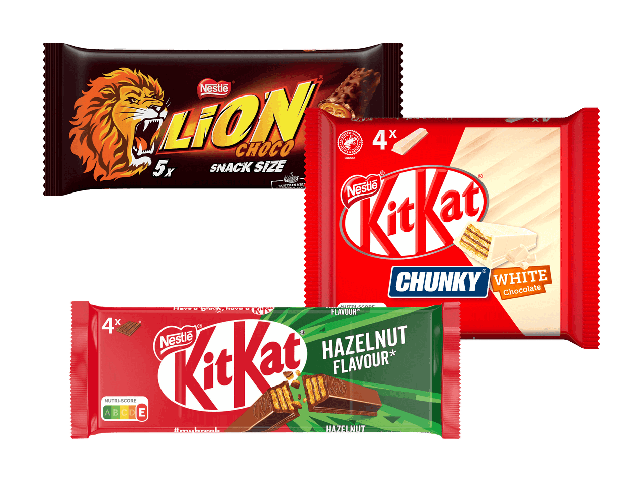 Nestlé Lion Choco Snack Size und KitKat Chunky White Chocolate und KitKat Hazelnut Flavour.