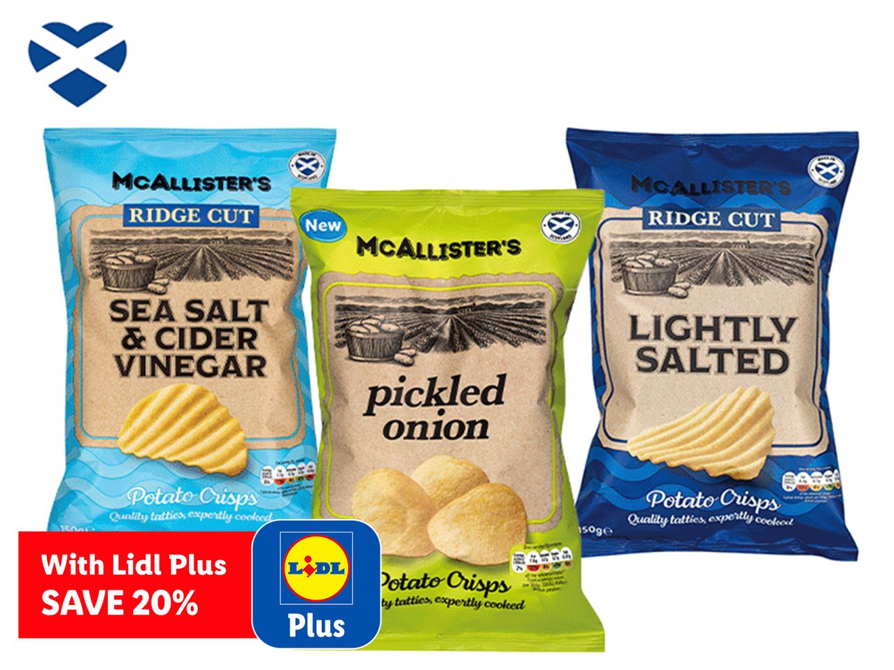 McAllister's Ridge Cut potato crisps in Sea Salt & Cider Vinegar, Pickled Onion, and Lightly Salted flavors, with a Lidl Plus discount.