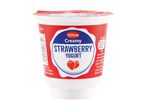 Creamy strawberry yogurt cup with nutritional information and barcode.