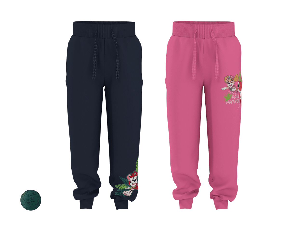 Deux pantalons de jogging pour enfants, un bleu marine avec un chiot et un rose avec un chiot et le texte 'PAW PATROL'.
