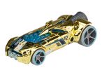 A gold Hot Wheels toy car with blue accents and a futuristic design.