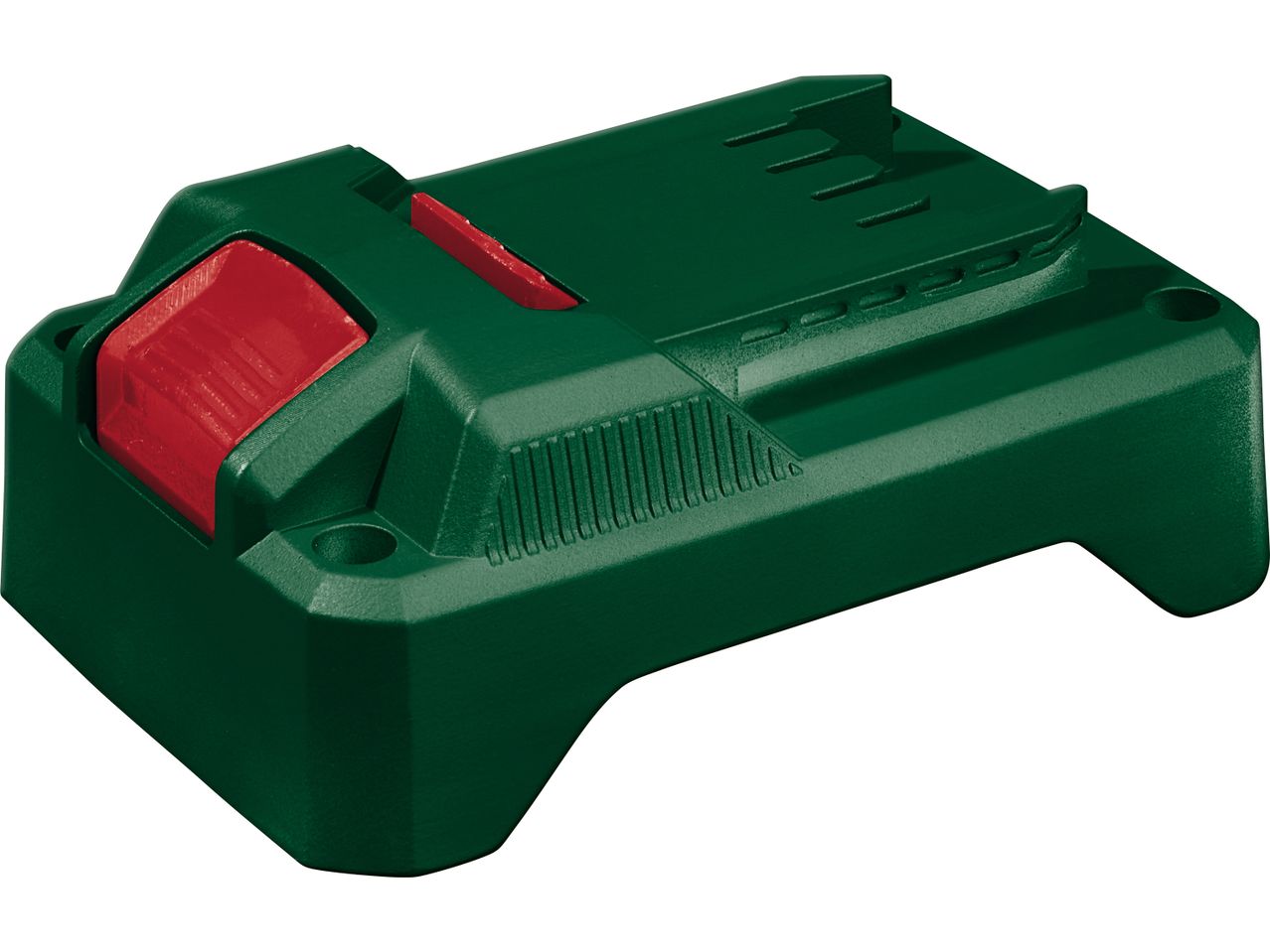 Supporto per batteria Bosch verde scuro con pulsante rosso.