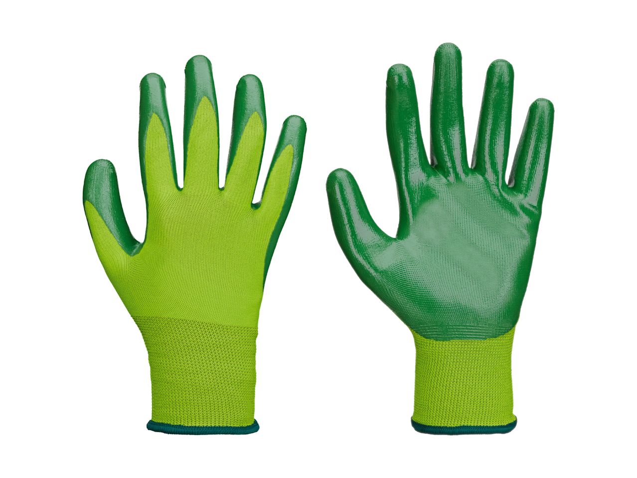Pair of green gardening gloves, one showing the palm and the other the back.