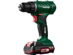 Trapano avvitatore a batteria verde e nero con impugnatura rossa e batteria rimovibile.