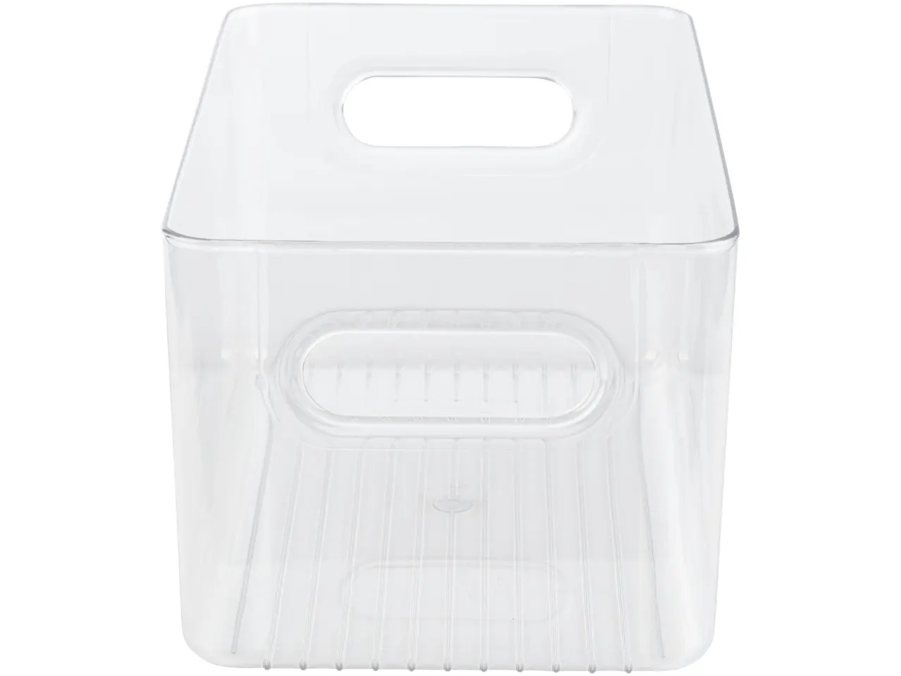 Clear plastic storage bin with handles
