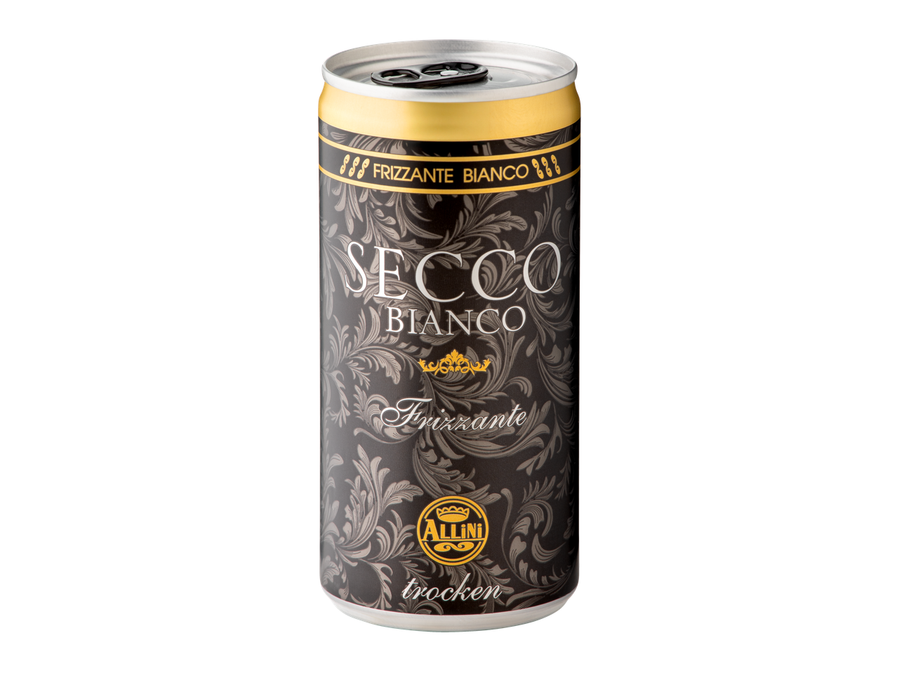 O doză de Allini Secco Bianco Frizzante, cu etichetă neagră și auriu.