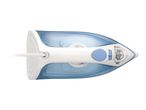 A blue and white Tefal steam iron is shown from above.