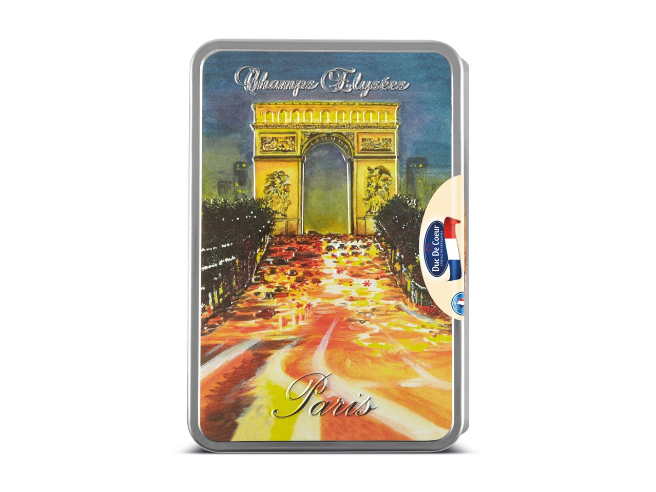 Metalen doosje met een schilderij van de Arc de Triomphe en de Champs-Élysées in Parijs bij zonsondergang.