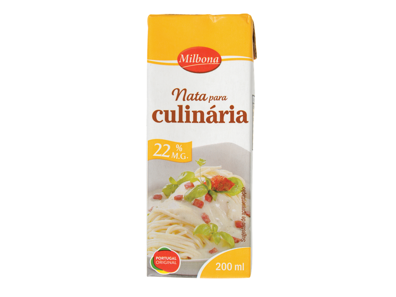 Natas para Culinária Milbona com 22% M.G., 200ml, com massa, molho e manjericão.