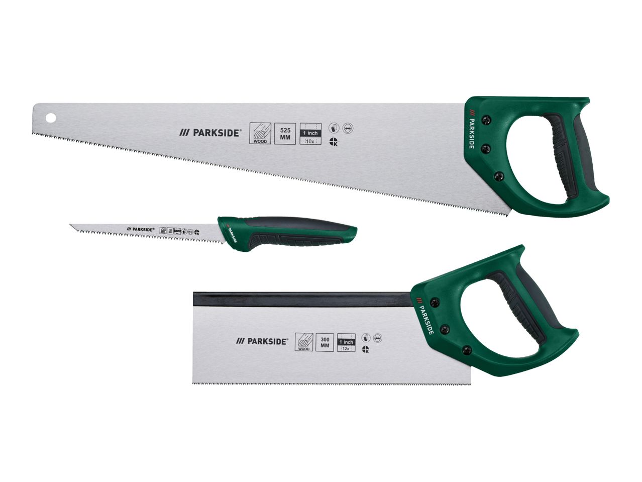 Three hand saws for wood, including a large saw, a smaller saw, and a hacksaw.