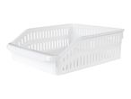 A white plastic storage basket with a slanted front for easy access.