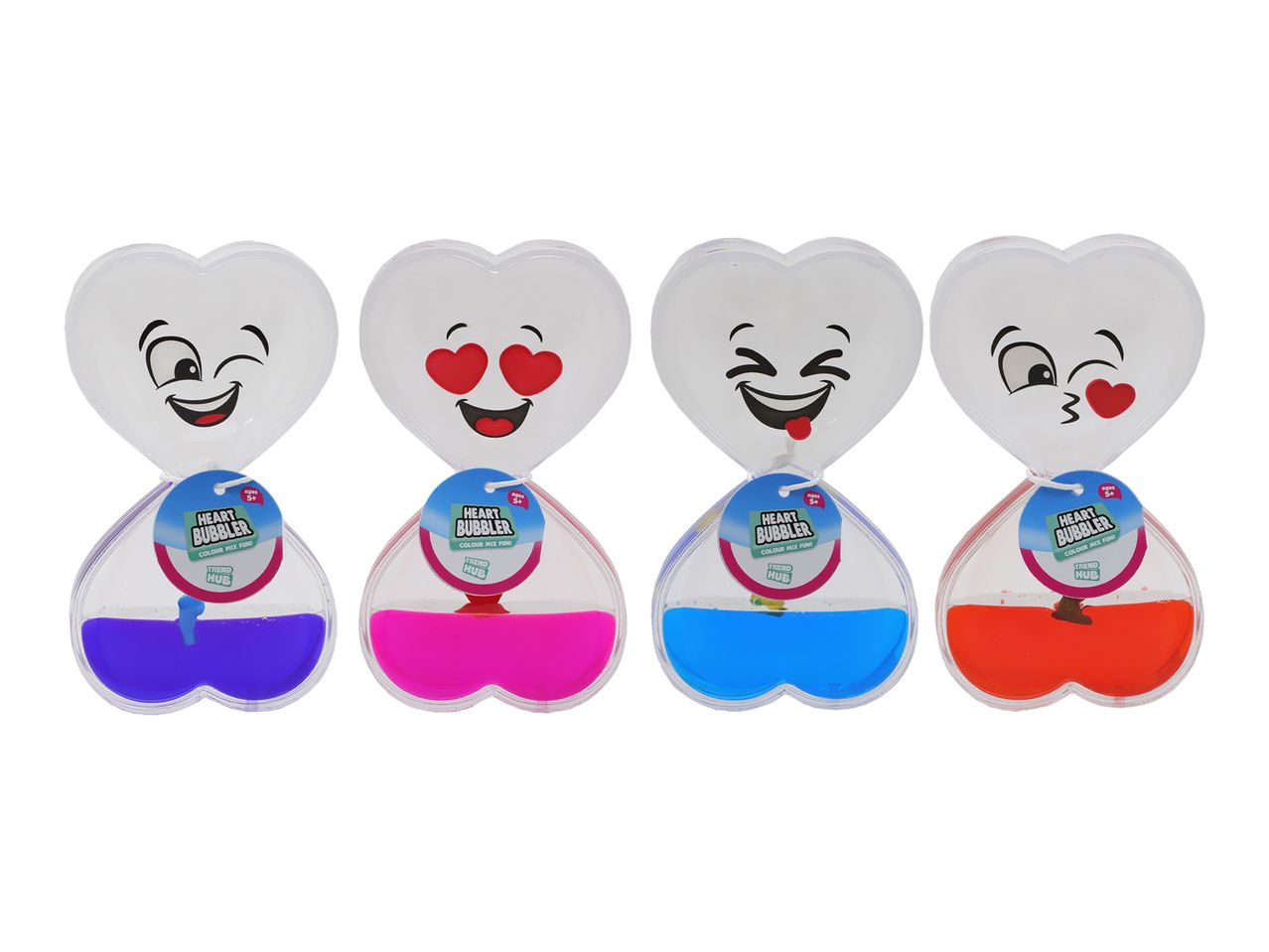 Four heart-shaped liquid motion timers with cute faces.