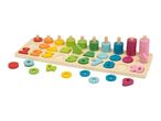 Wooden counting and shape sorting board with colorful numbers, shapes, and rings.