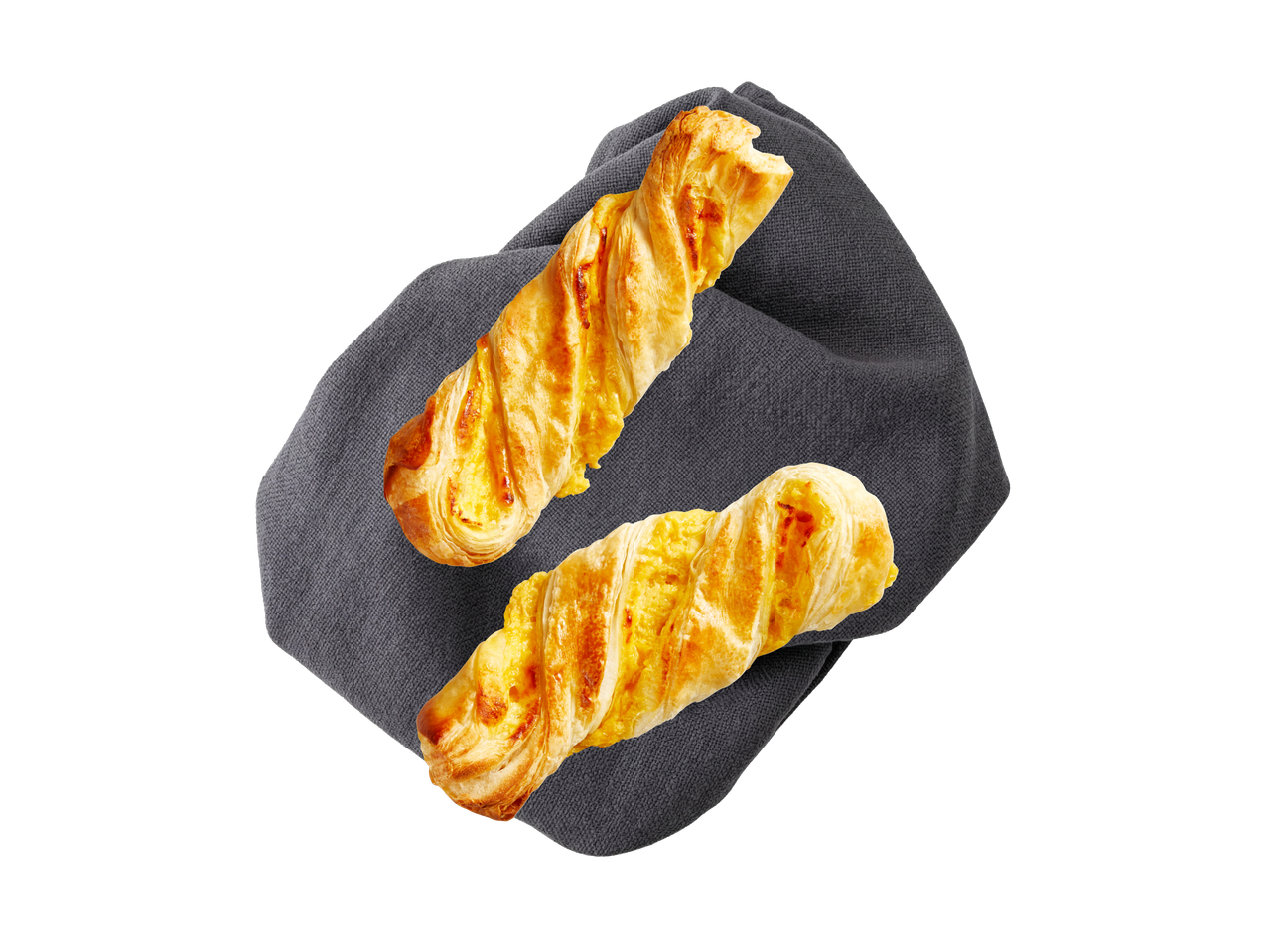 Dva zlatno-smeđa peciva sa sirom, uvijena u spiralni oblik, položena na tamnosivu tkaninu.